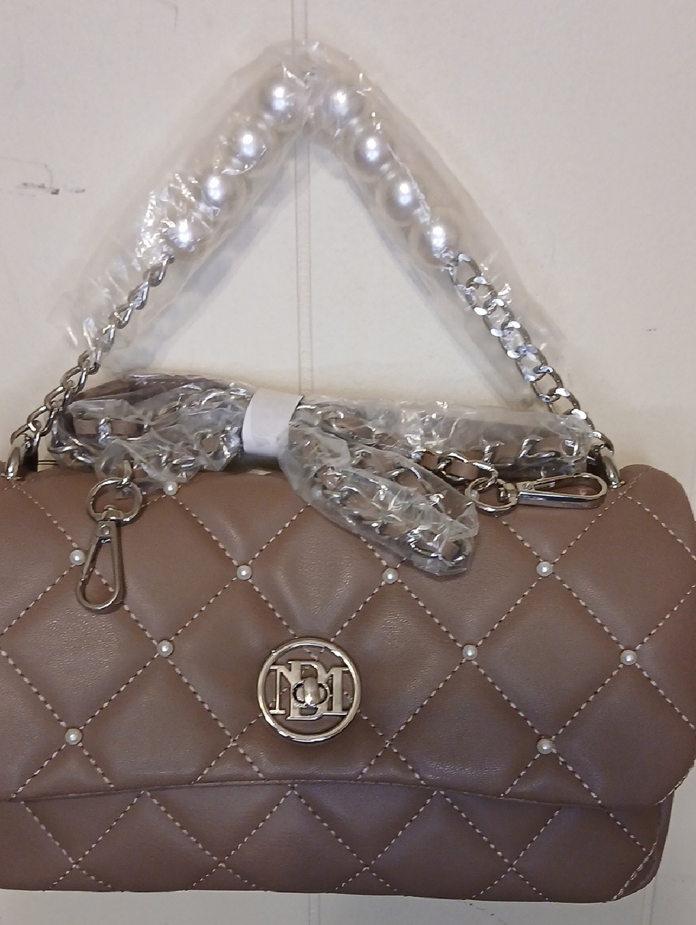 Badgley Mischka Quilted Pearl Accent Women's Shoulder Bag - Taupe - Picture 5 of 5